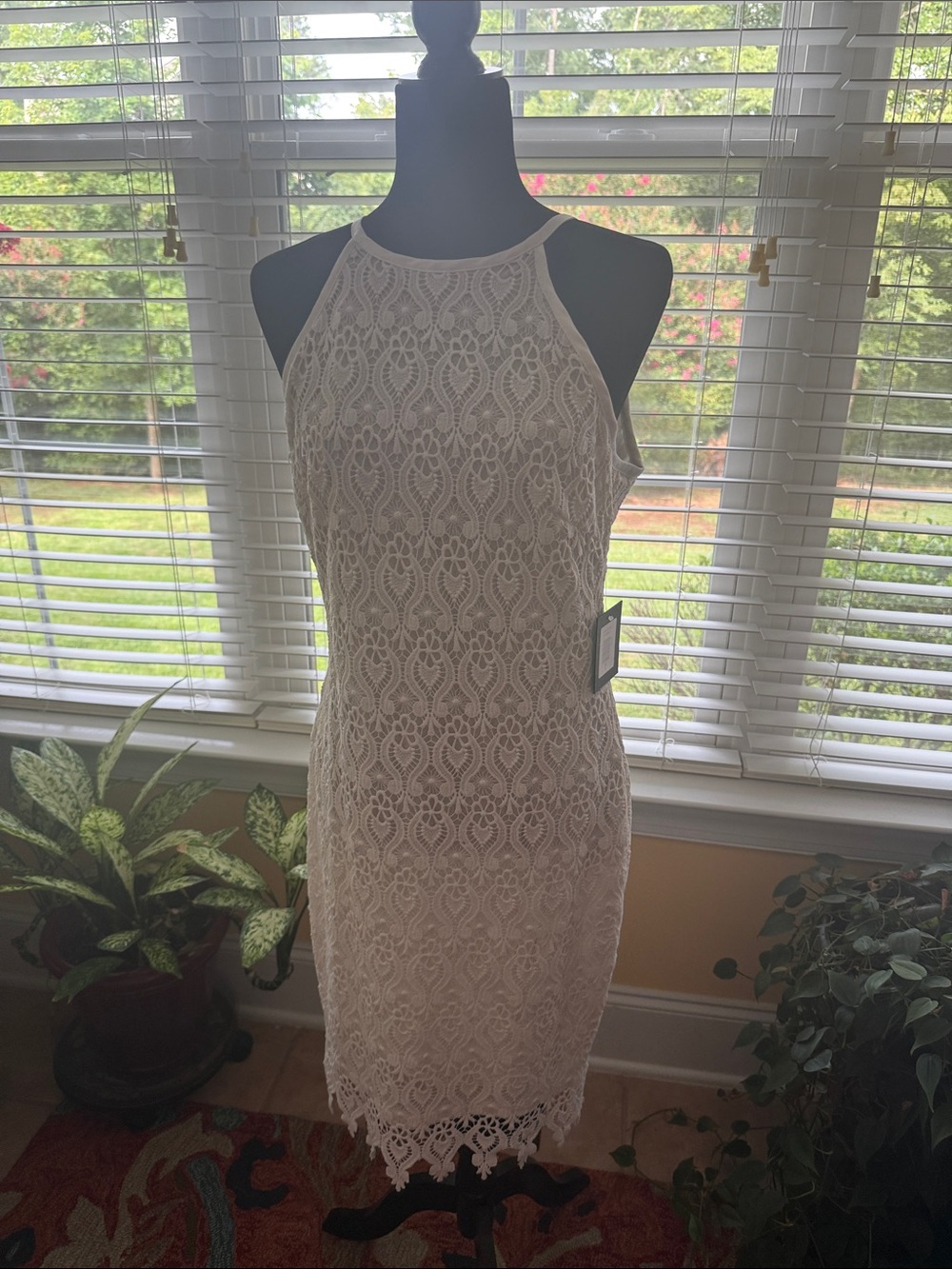 MARINA White Lace Halter Midi Dress